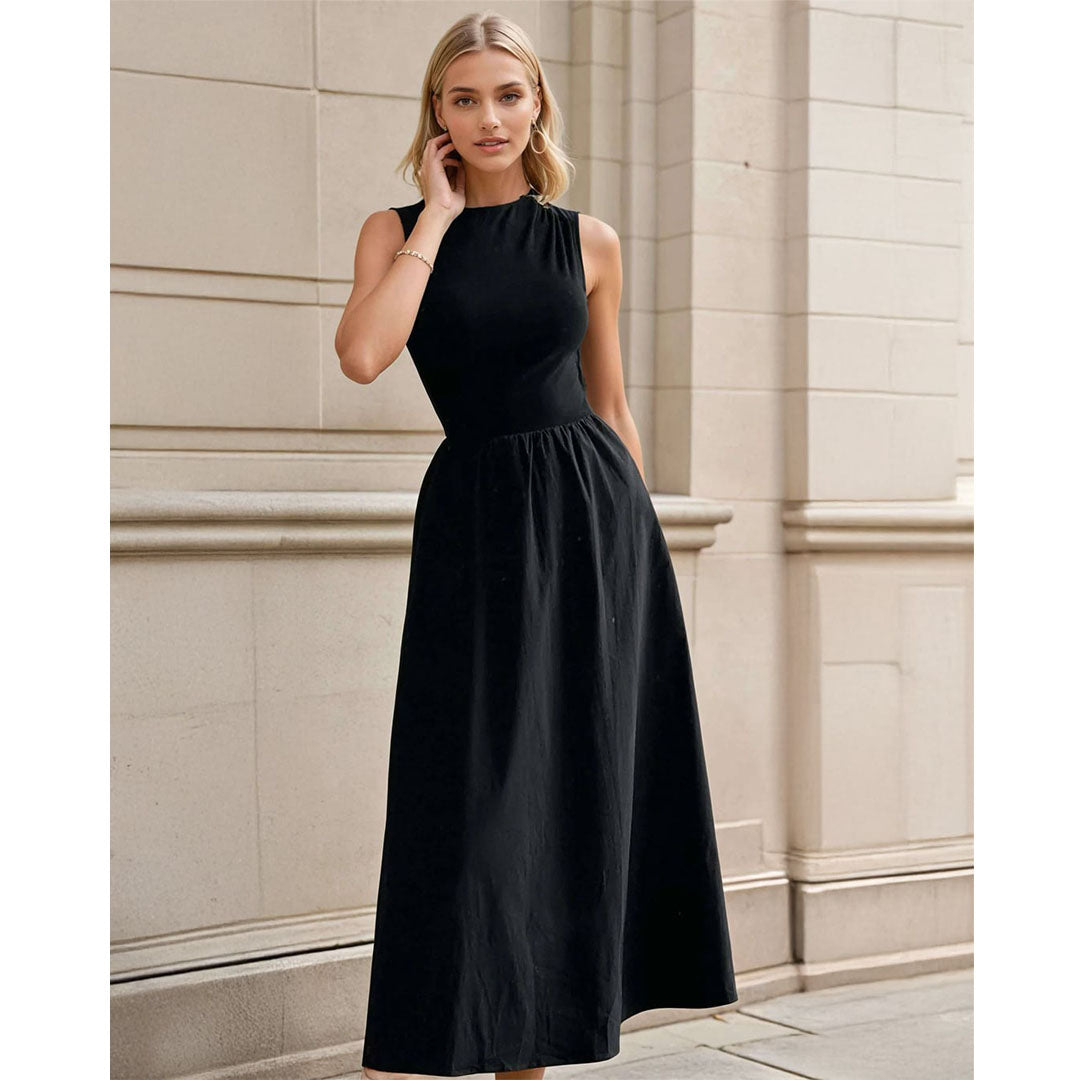 Female model online wearing black high neck sleeveless princess cut midi dress