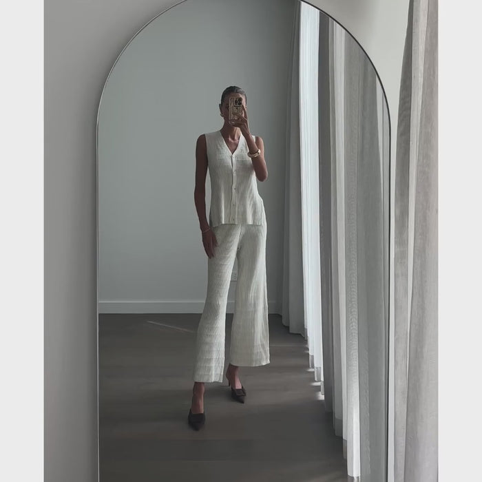 Female model online wearing beige wide leg knitted high waist pants