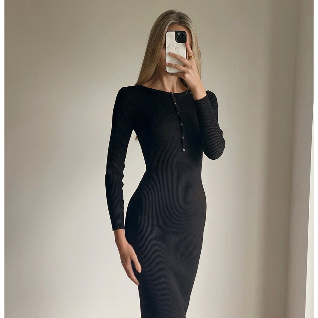 long sleeve black knit midi dress Black Side Slit Midi Dress