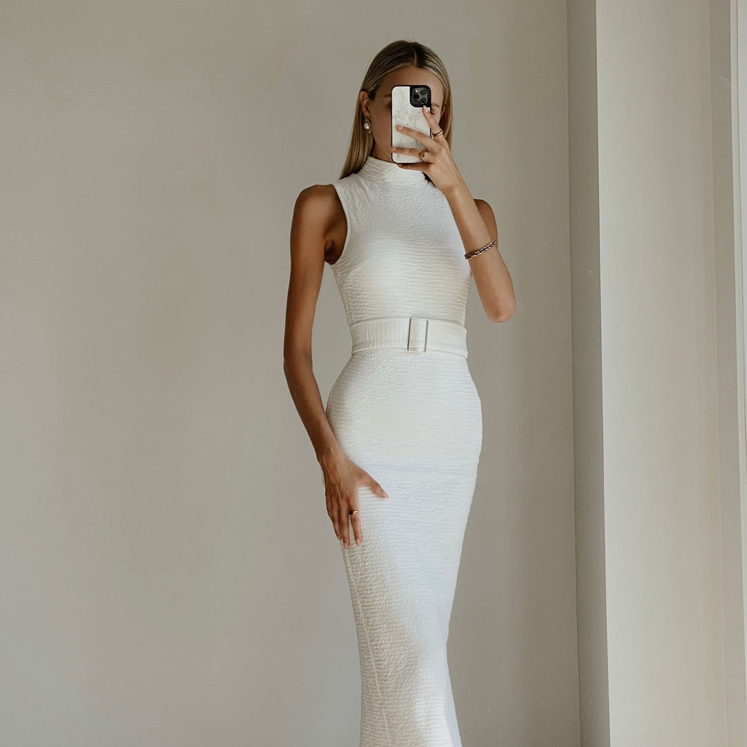 Women fashion model wearing designer white bodycon maxi dress online