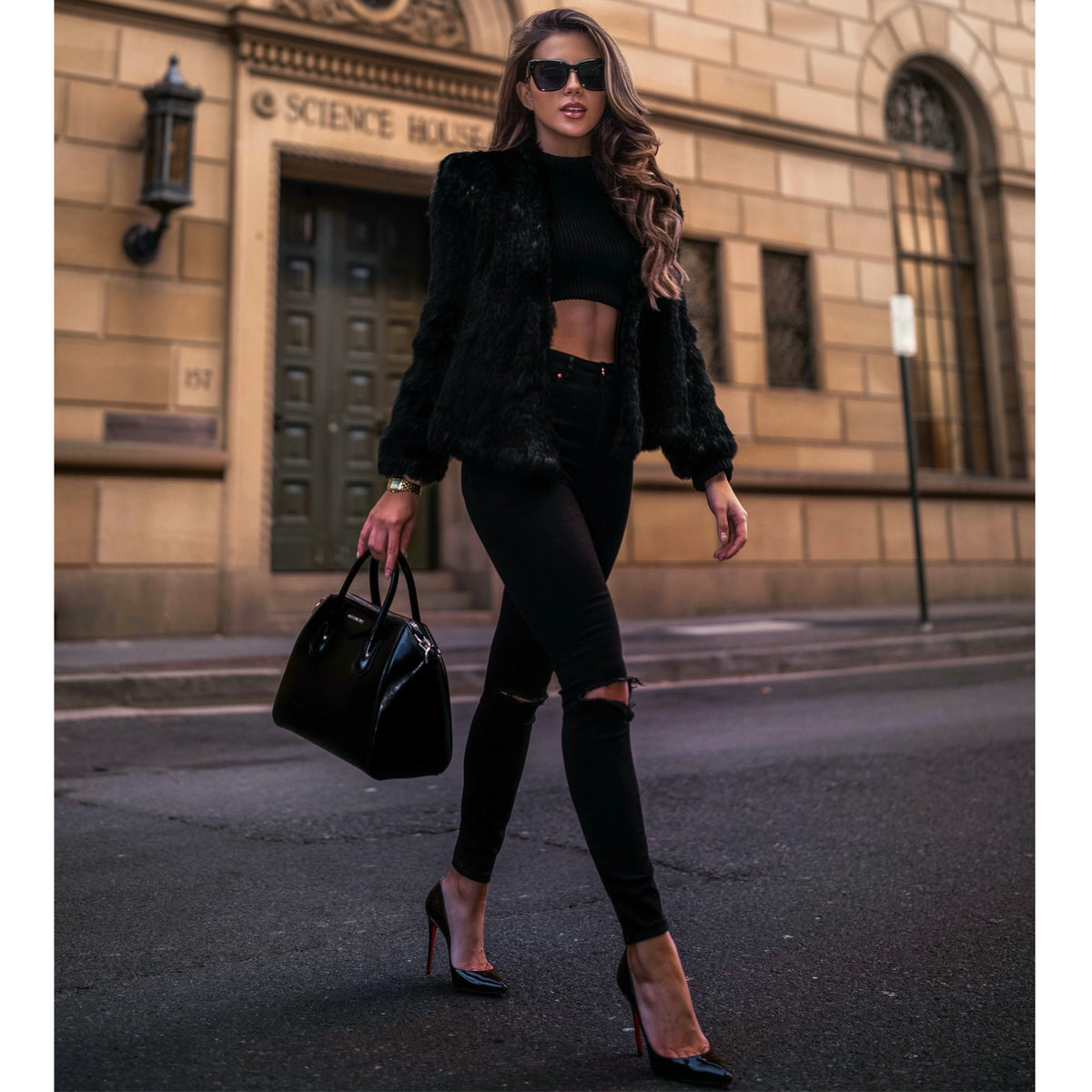 Fashion model wearing womens fur jacket online