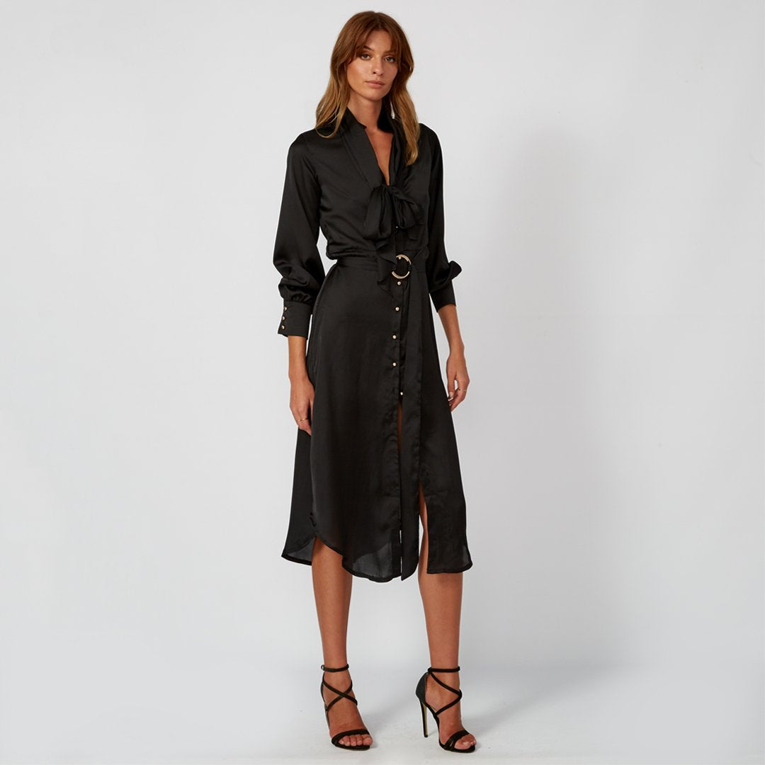 Female model wearing women's fashion black midi shirt dress