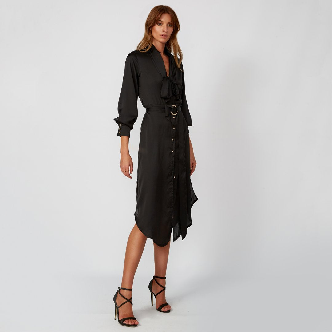 Female model wearing women's fashion black midi shirt dress