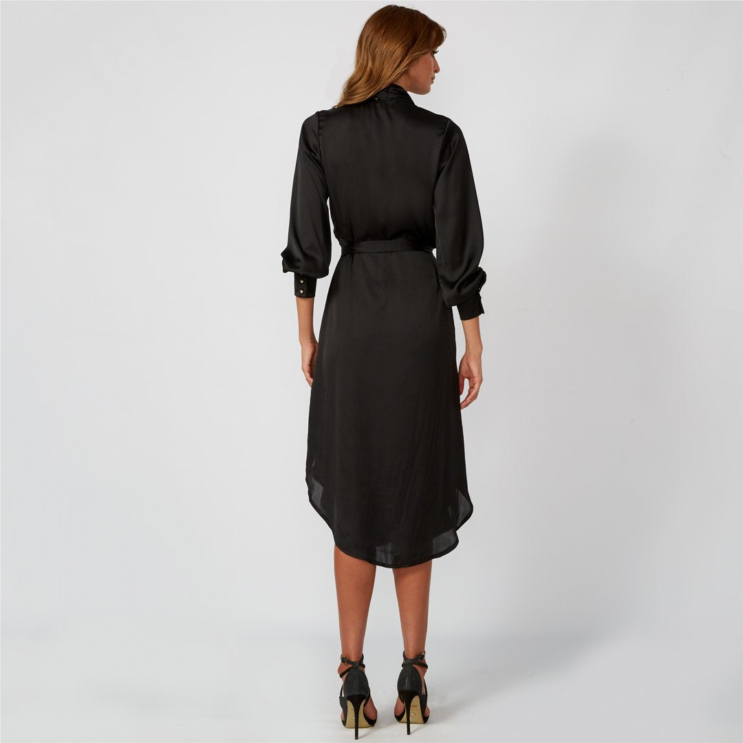 Female model wearing women's fashion black midi shirt dress