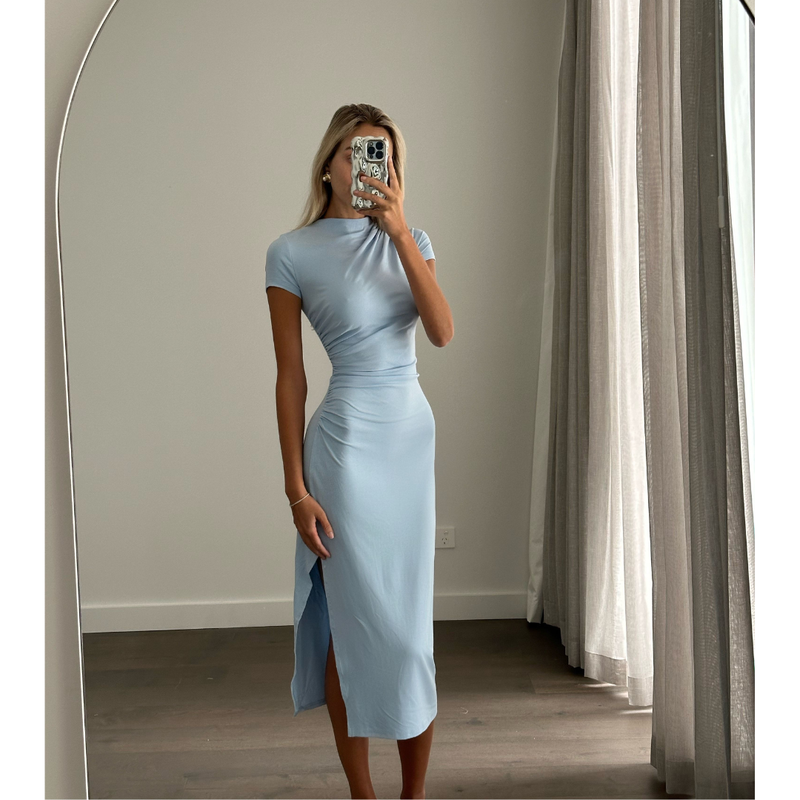 BEYLA Baby Blue Crew Neck Short Sleeve Fitted Midi Dress  Matea Designs