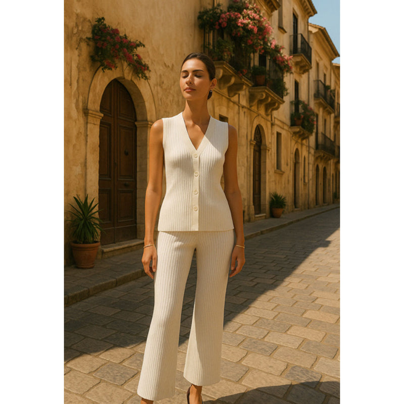 Female model wearing beige knitted button up sleeveless vest top 
