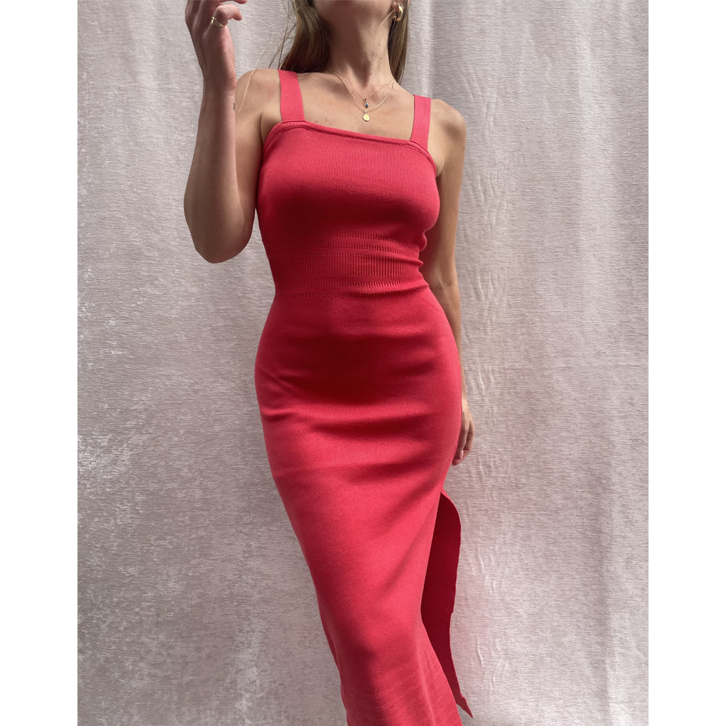 Female model online wearing red knit midi dress with side split