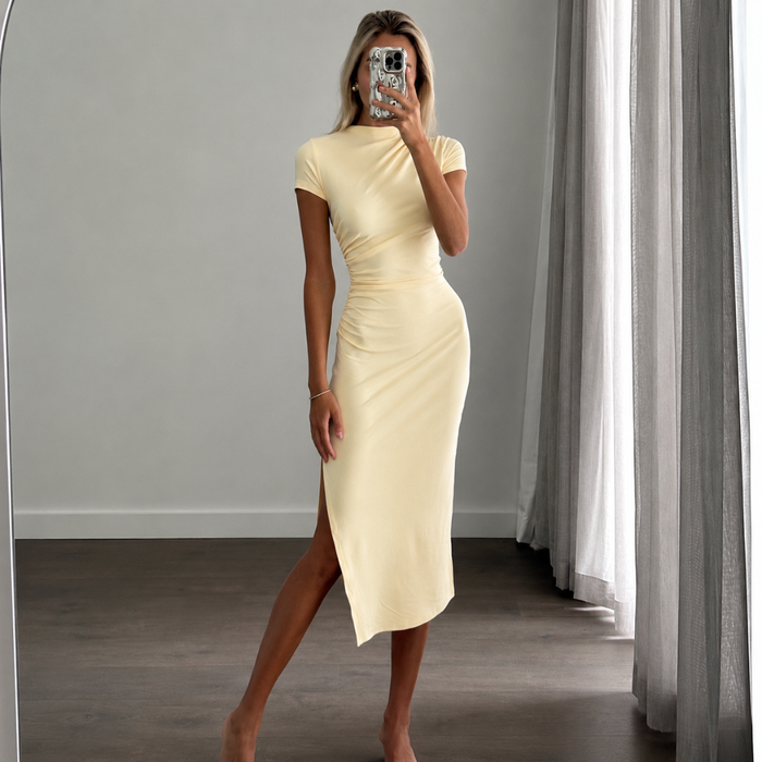BEYLA baby yellow midi dress side split detail — Matea Designs fitted knitwear.