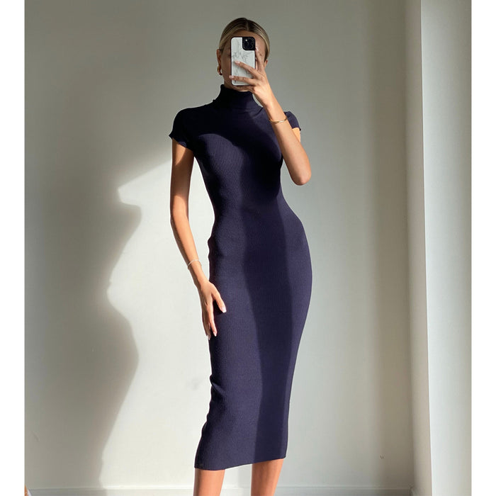 Female model online wearing navy high neck short sleeve bodycon midi dress