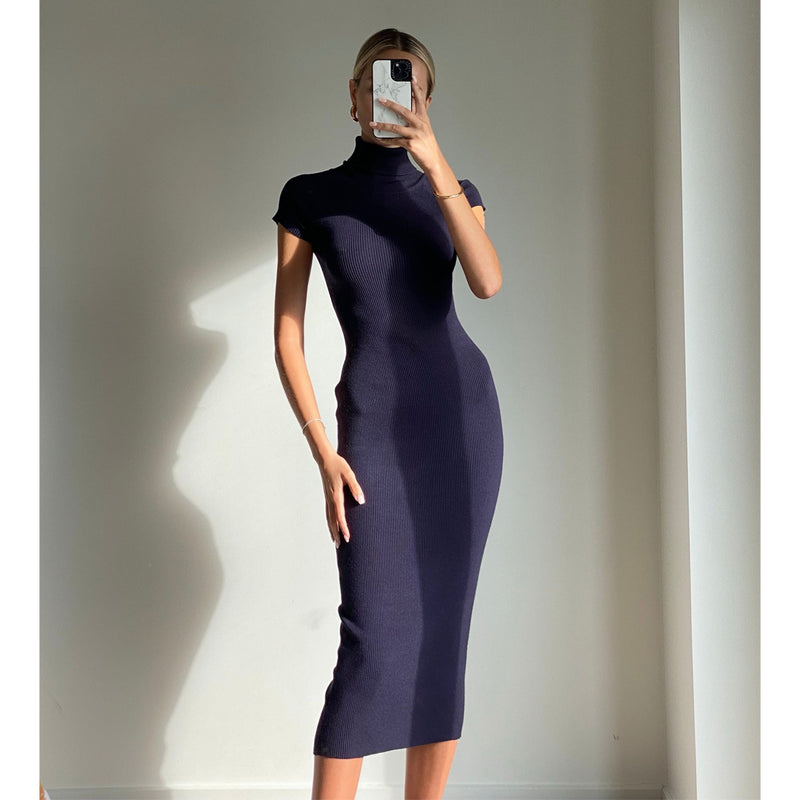 Female model online wearing navy high neck short sleeve bodycon midi dress