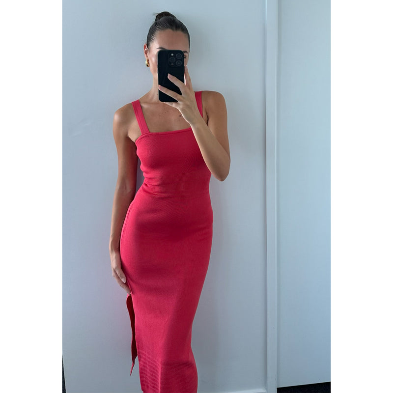 Female model online wearing red knit midi dress with side split