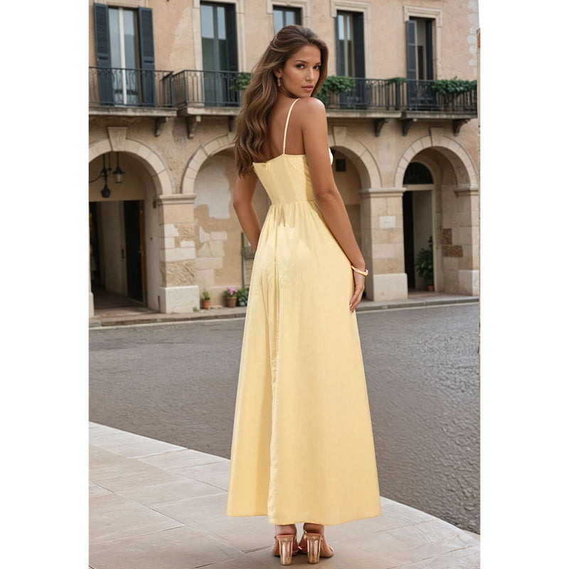 Female model wearing soft yellow v neck maxi dress online 