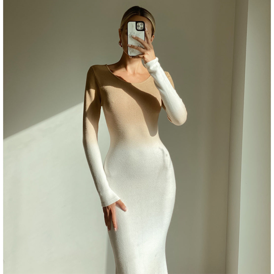 Female model wearing ivory camel long sleeve knit maxi dress