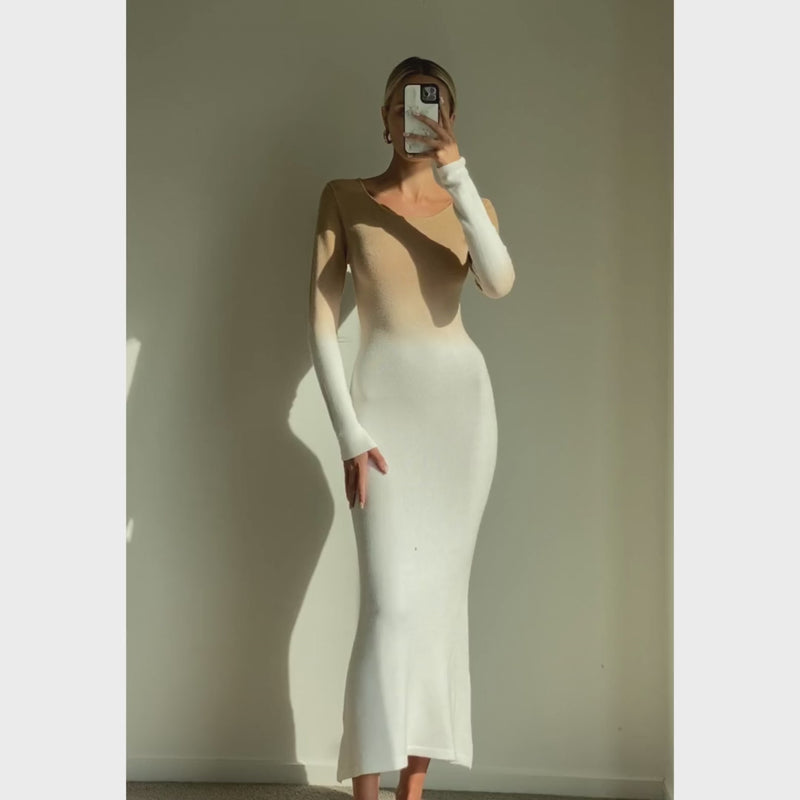 Female model wearing ivory camel long sleeve knit maxi dress