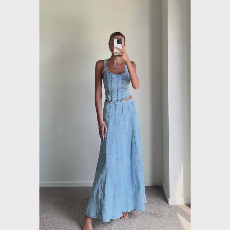 JEDA Light Denim Mid Waist Maxi Skirt