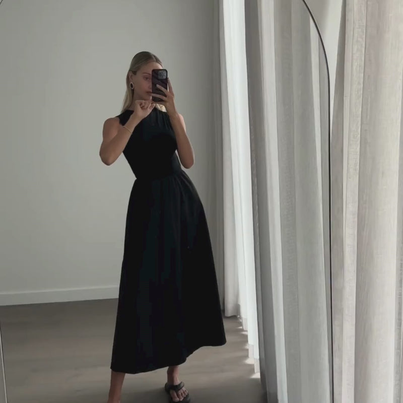 Female model online wearing black high neck sleeveless princess cut midi dress 