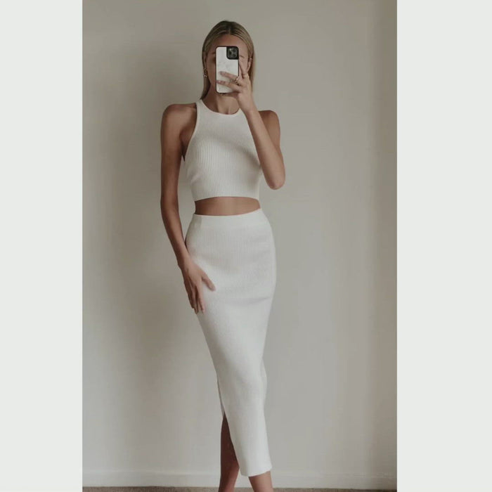 Female model wearing white knit high waist bodycon midi skirt online