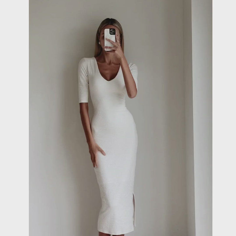 MIA White Bodycon V Neck Midi Dress