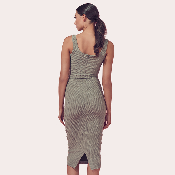 AINE khaki sleeveless dress back — 
Matea Designs Australian women's occasion wear