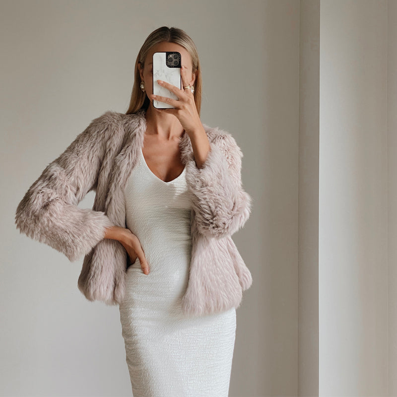 Fashion model wearing womens fur jacket online