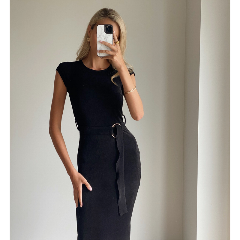 Female model online wearing black slinky fitted tee shirt midi dress