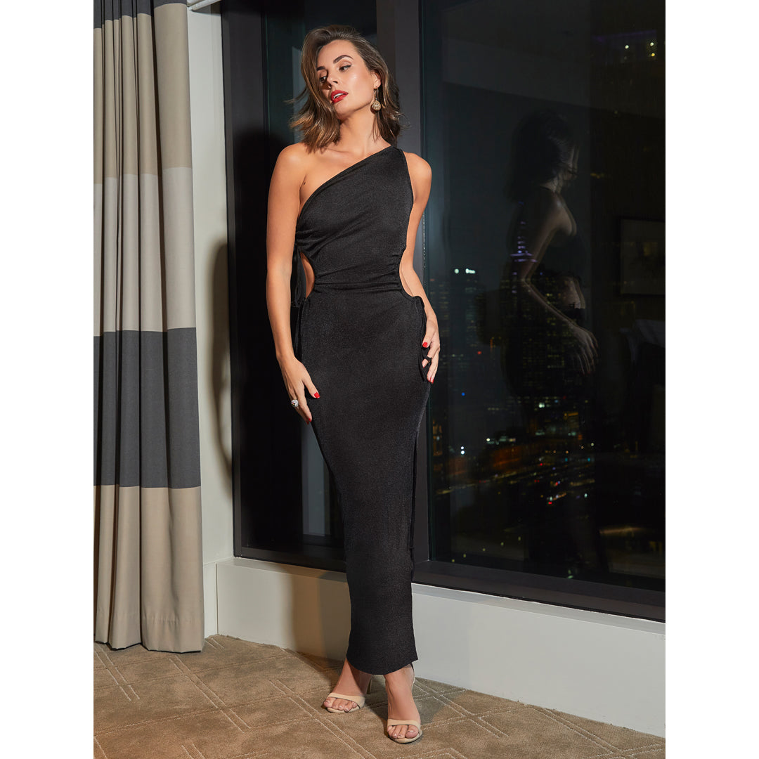 Female model online wearing black one shoulder side cut out maxi dress