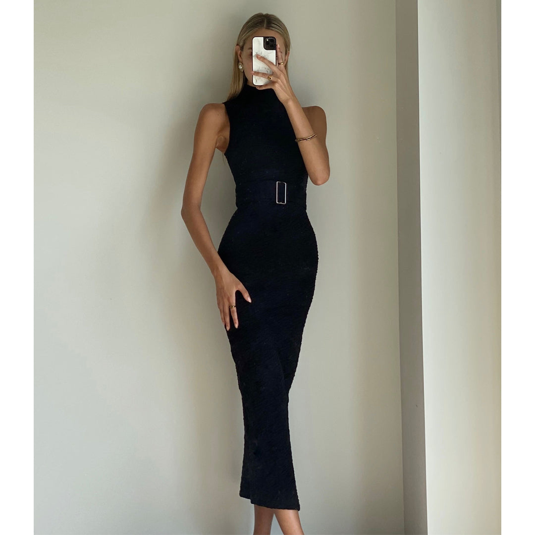 CLEO Black Bodycon High Neck Maxi Dress