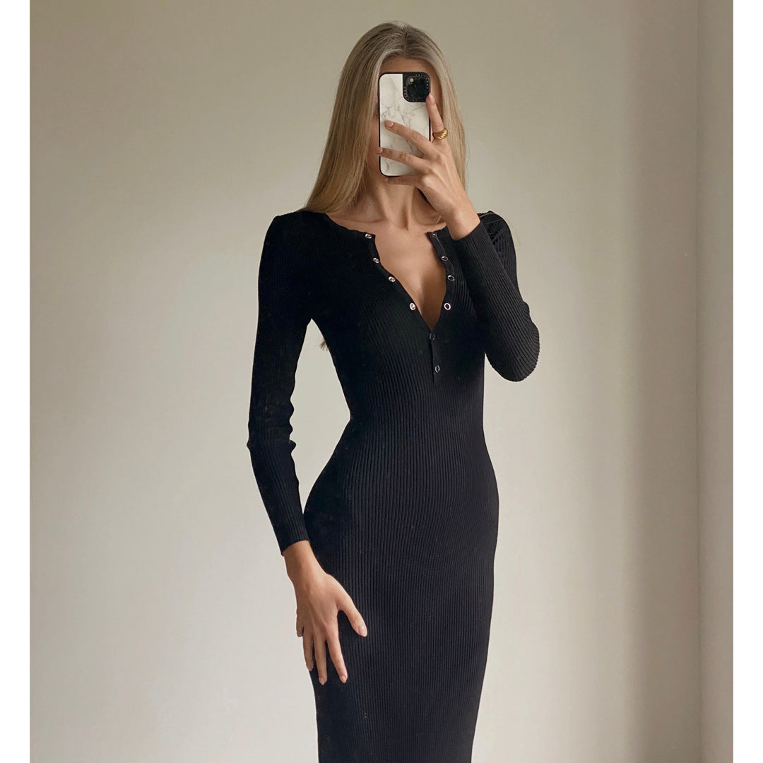 BRENA Black Long Sleeve Bodycon Knit Midi Dress Matea Designs