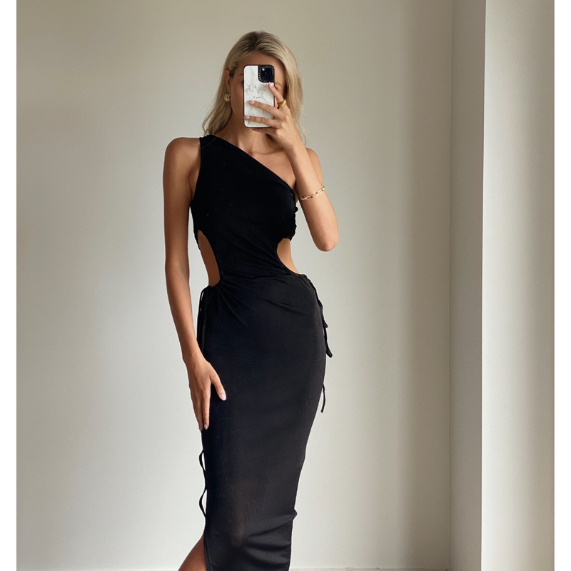 BAILEY Black One Shoulder Side Cut Out Maxi Dress Matea Designs BAILEY Black One Shoulder Side Cut Out Maxi Dress Matea Designs