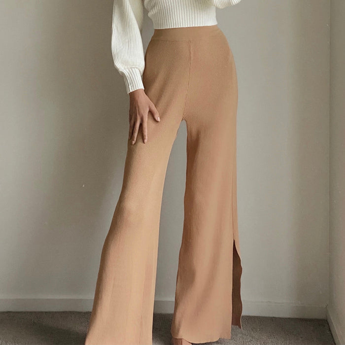 Female model wearing camel high waist knit pants online