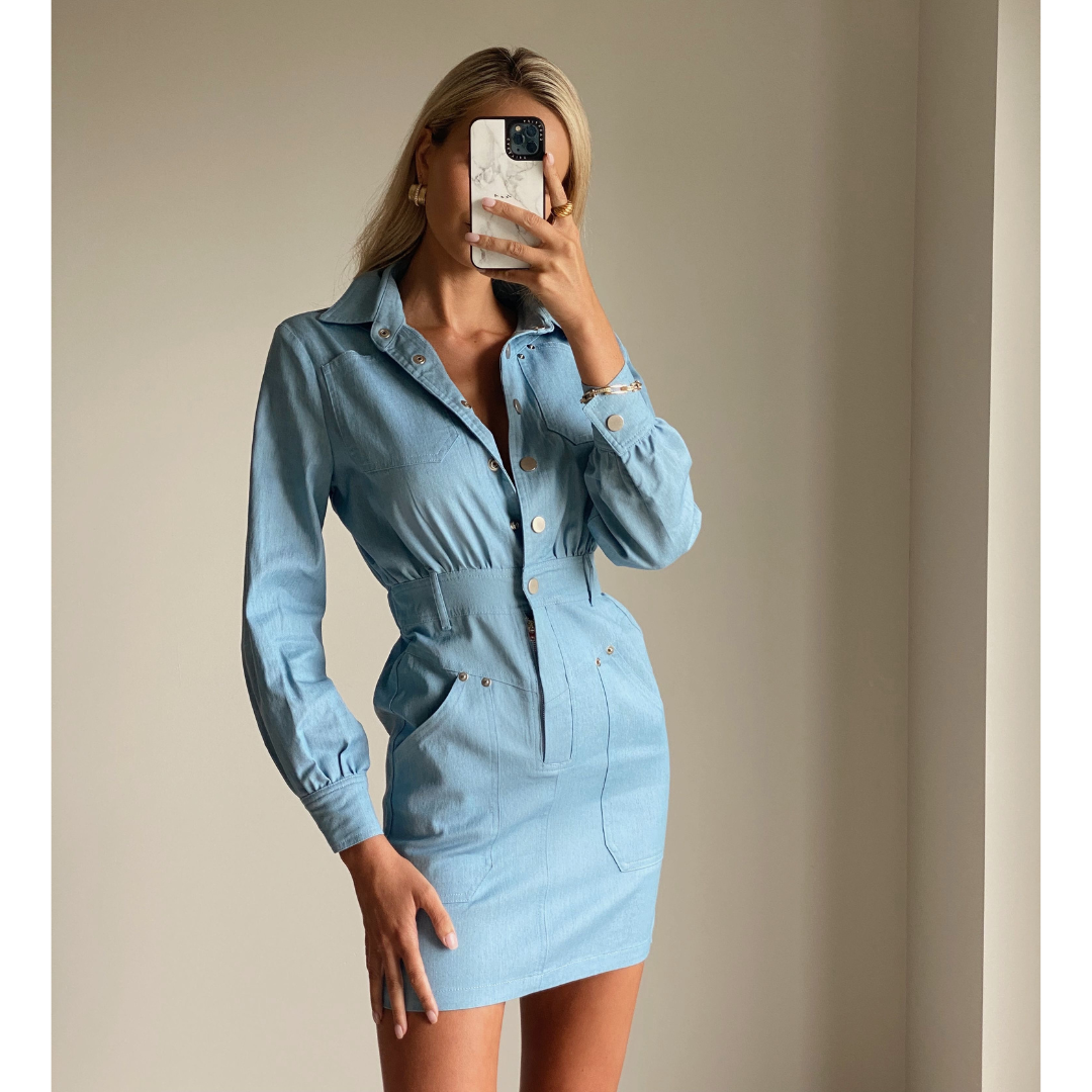 MAE Light Blue Denim Long Sleeve Mini Dress Matea Designs