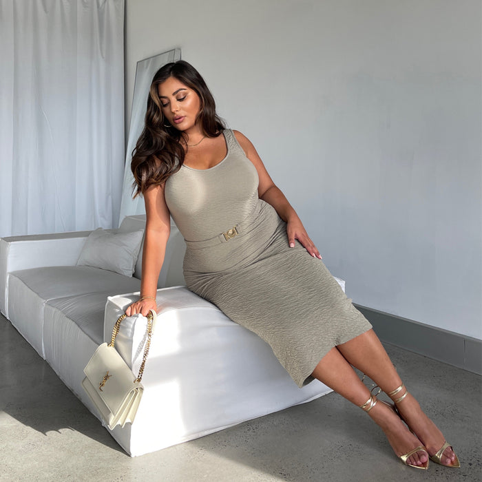 AINE khaki midi dress on fuller figure size XL — showing versatile fit — Matea Designs Australian lifestyle brand