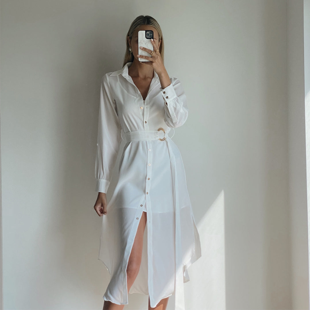 ISLA White Long Sleeve Midi Shirt Dress Matea Designs