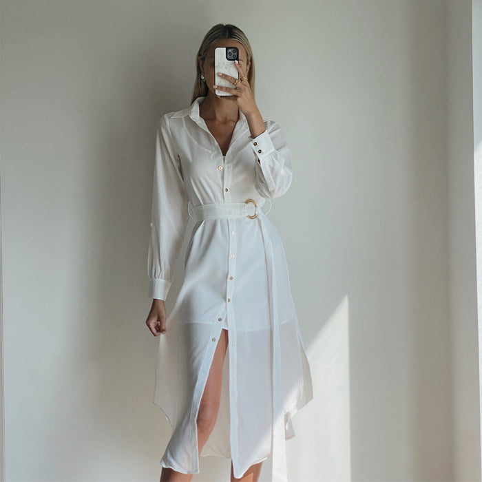 Fashion model wearing womens white shirt dress online