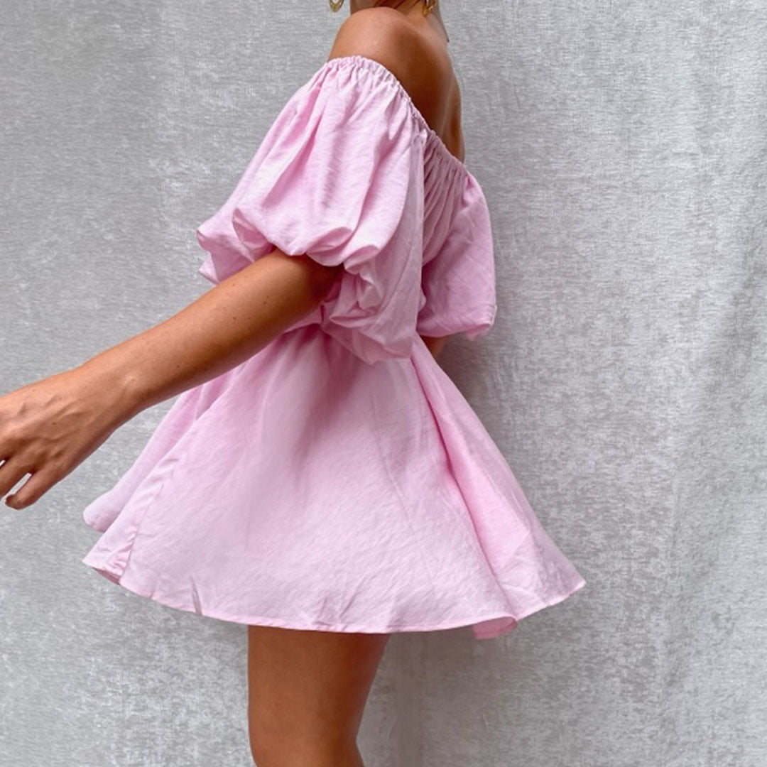 KALINA Baby Pink Off The Shoulder Flowy Mini Dress Matea Designs
