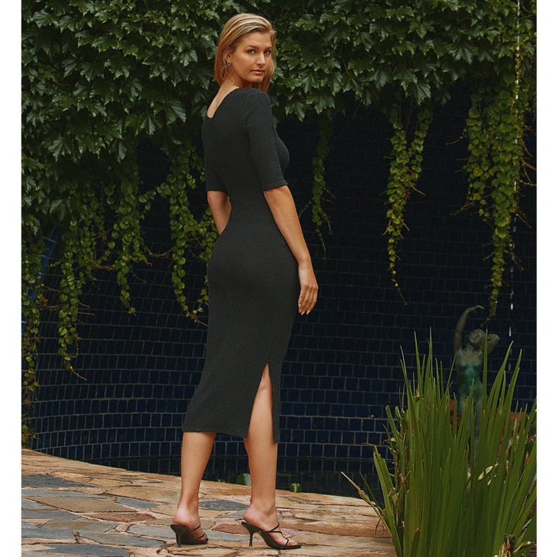 Women fashion model wearing designer black bodycon midi dress online