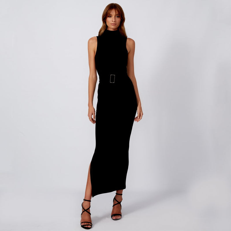 Women fashion model wearing designer black bodycon maxi dress online