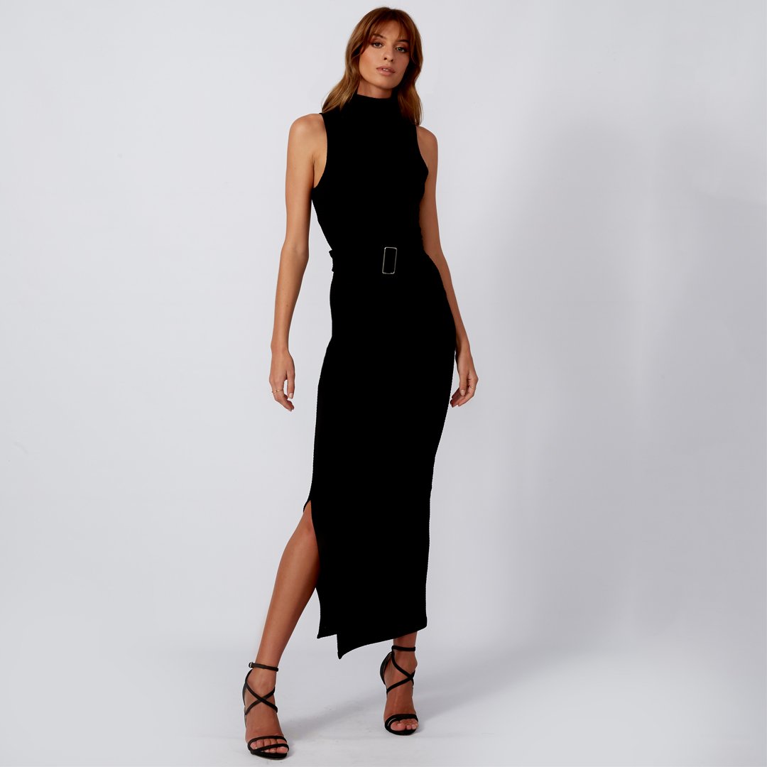 Women fashion model wearing designer black bodycon maxi dress online