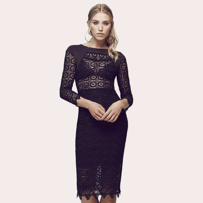 Matea Designs fashion model wearing black bodycon midi dress online