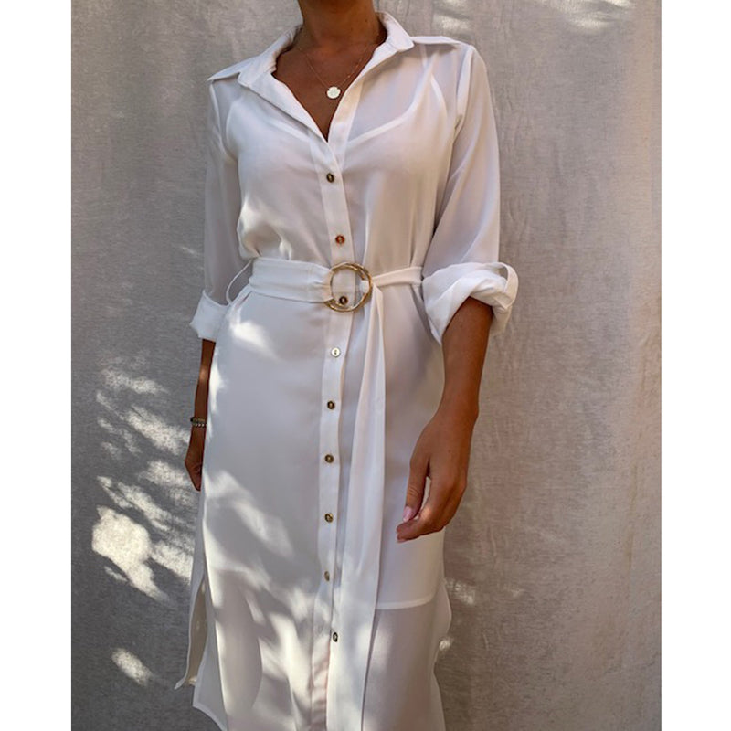 Fashion model wearing womens white shirt dress online