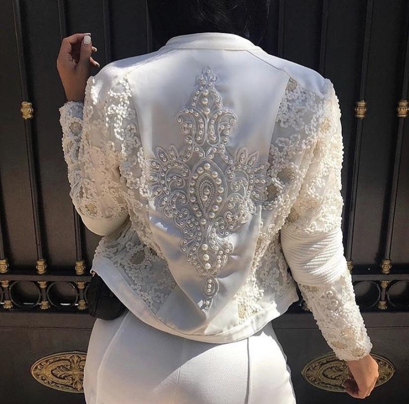 Fashion model wearing womens white lace jacket online