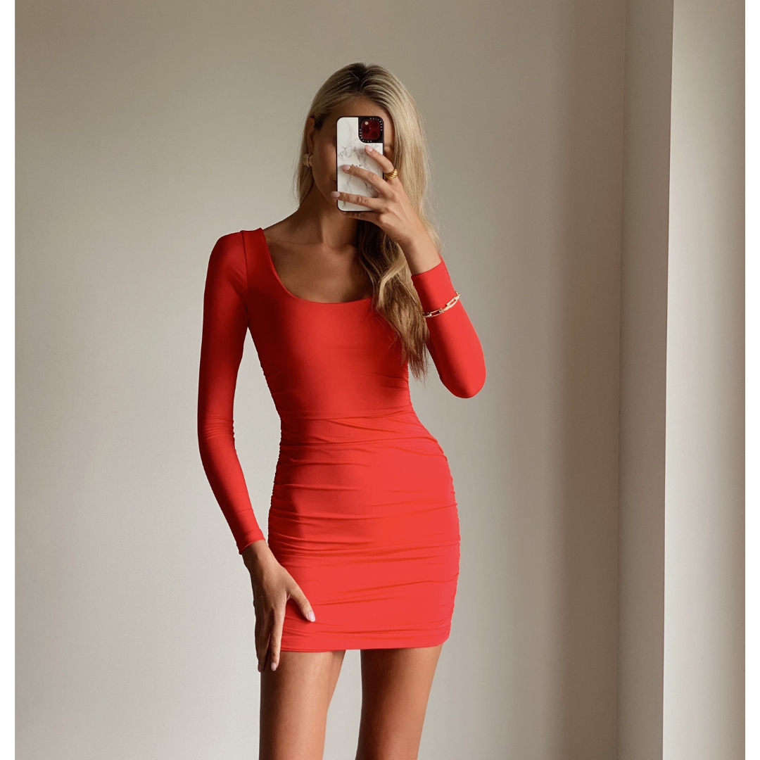 Female model wearing red bodycon long sleeve mini dress online