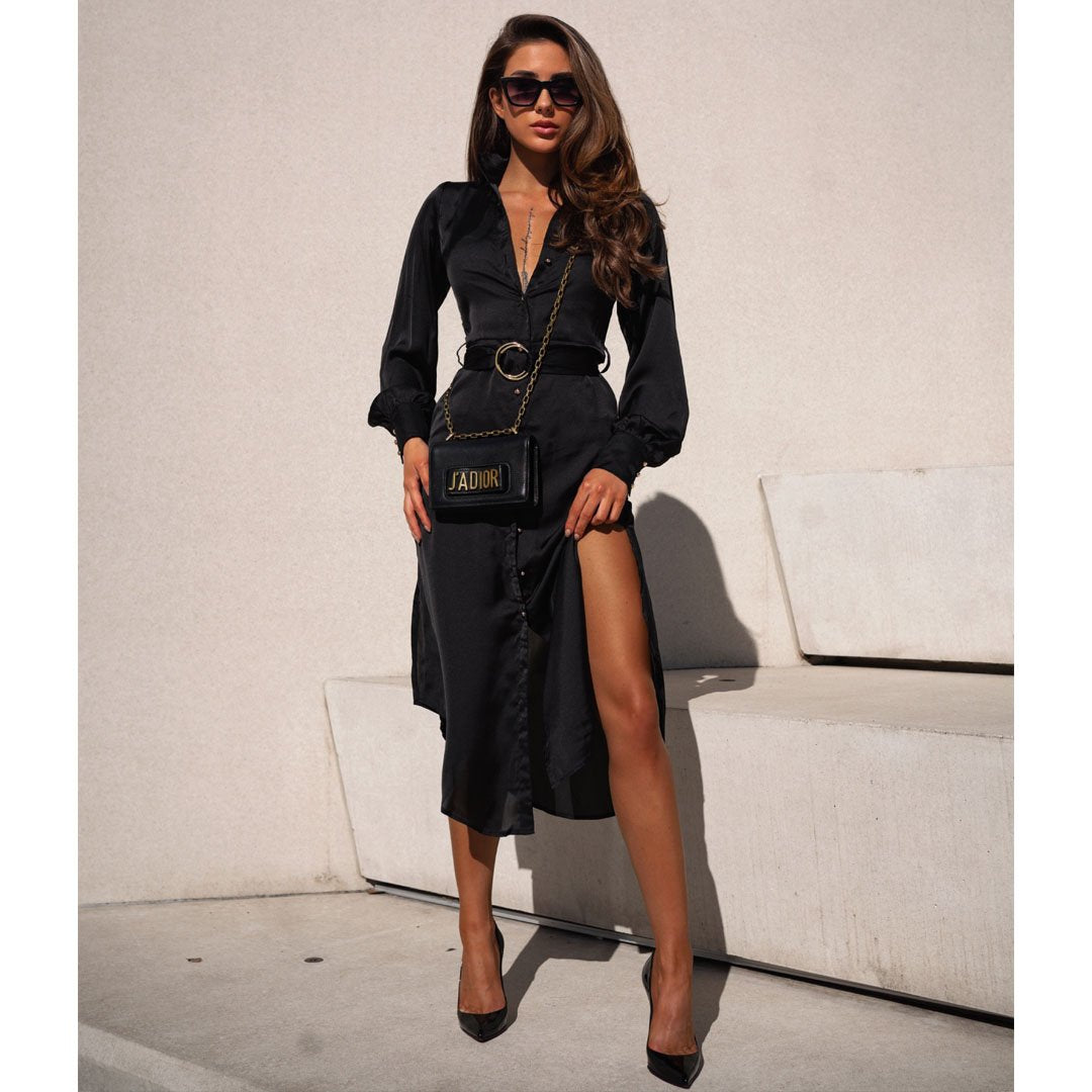 Female model wearing women's fashion black midi shirt dress