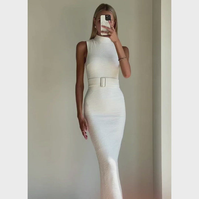 Women fashion model wearing designer white bodycon maxi dress online